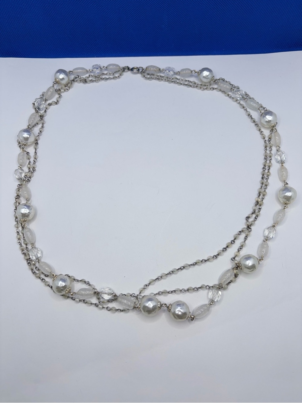 Elegant Silver Pearl and Clear Bead Layered Necklace